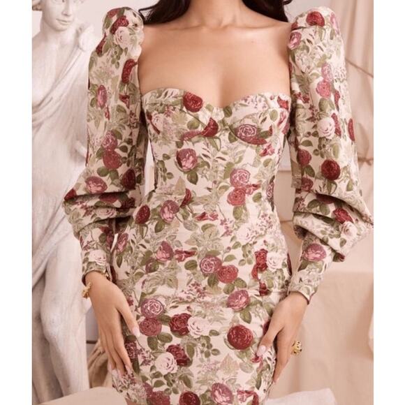 HOUSE OF CB 'Azie' Vintage Floral Jacquard Puff Sleeve Mini Dress NWT XL - Picture 9 of 9